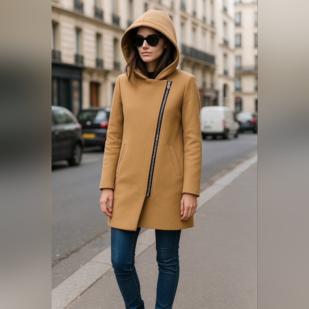 Sandro Paris Camel Wool Coat with Asymmetric Zip & Hood – Size 36